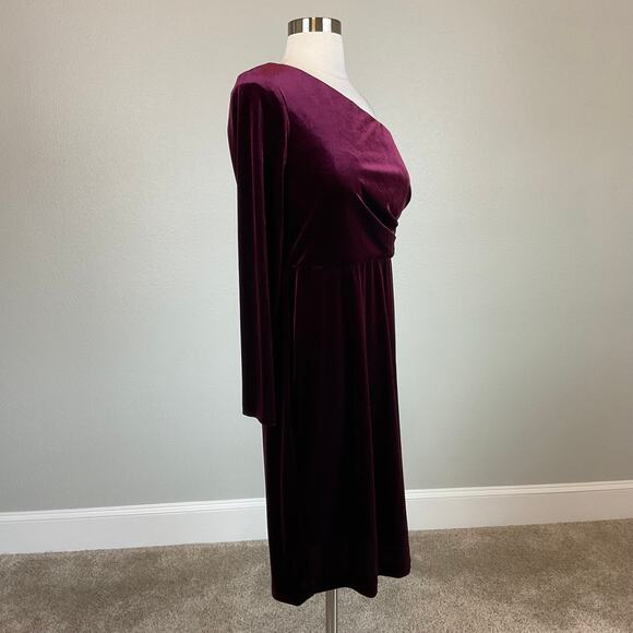 Alex Evenings Velvet One Shoulder Midi Sheath Cocktail Dress Wine Red Size 8 - Picture 2 of 11